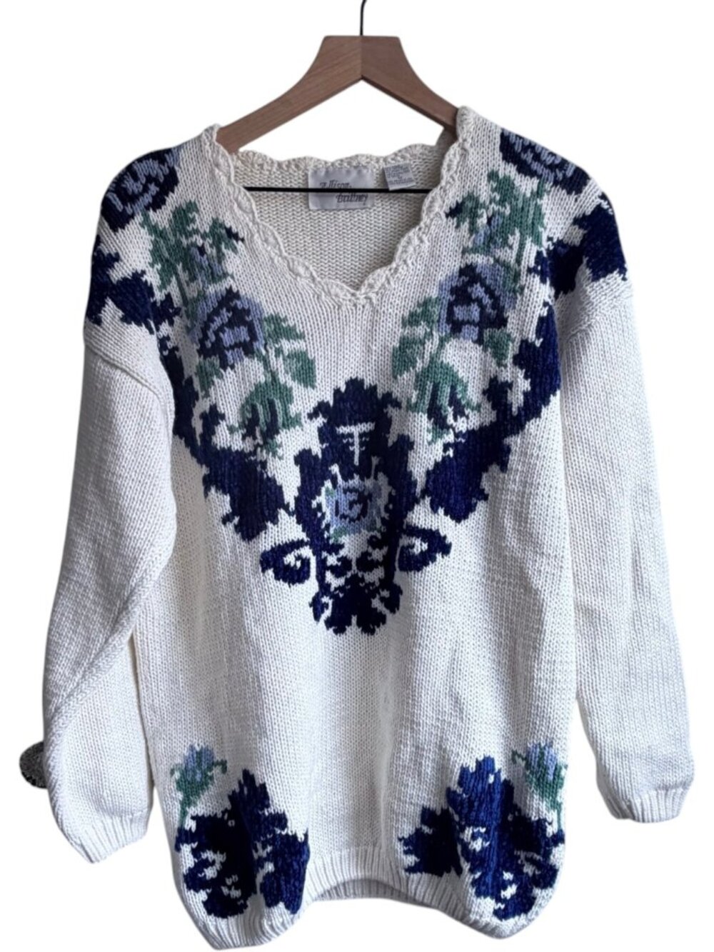 Vintage Allison Brittney Floral Ramie Cotton Sweater V Neck Cottagecore